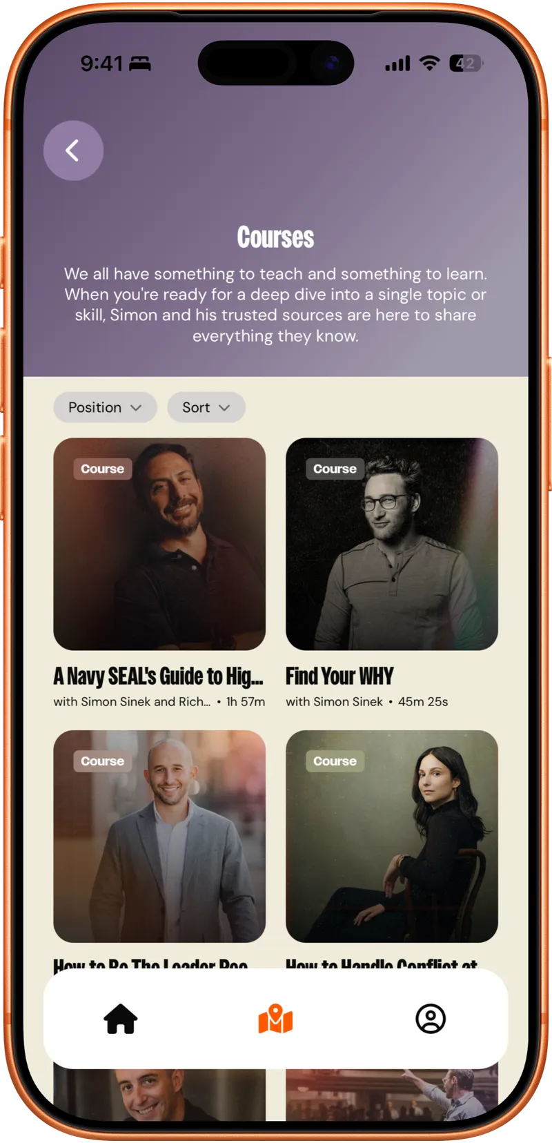 The Leaderful app's course library with courses from Simon Sinek and guest instructors