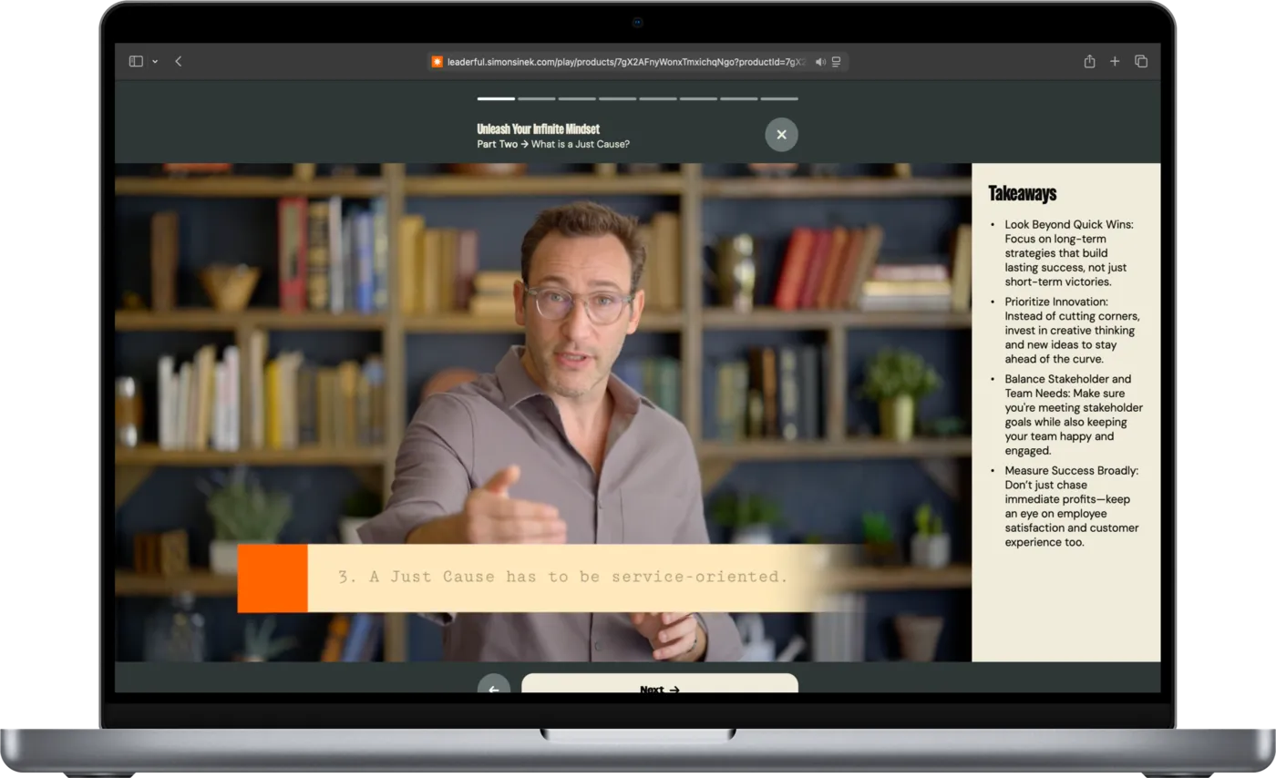 Screenshot: Leaderful app course player showing a video lesson featuring Simon Sinek