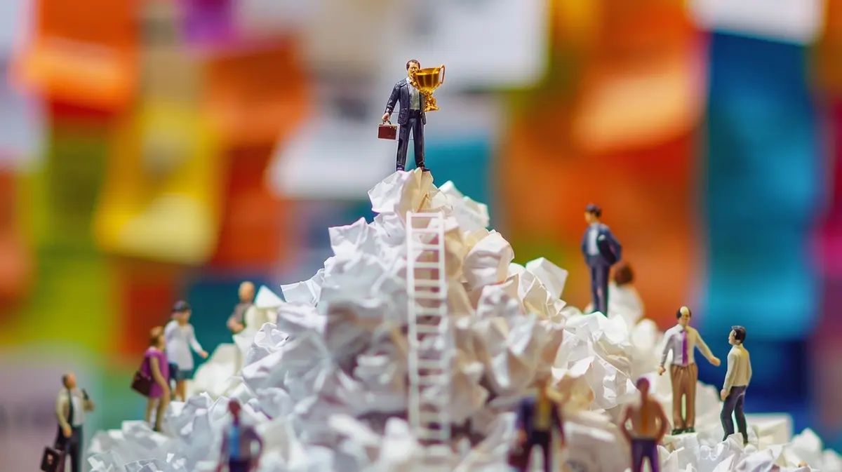 salesman on top of a pile of crumpled paper