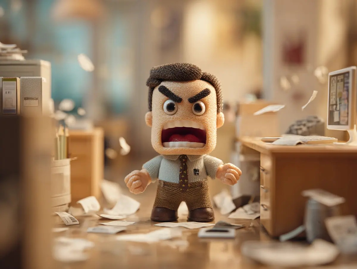 Angry toy at work about to explode on a coworker