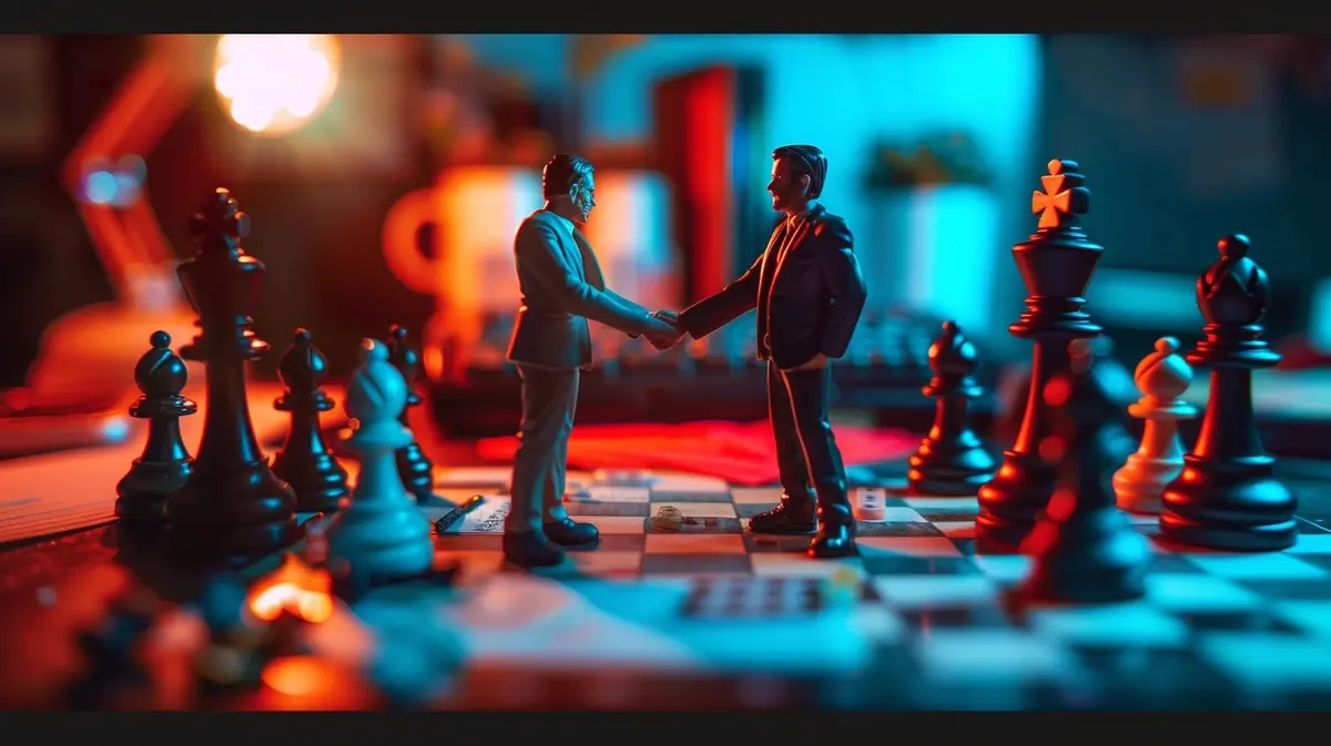 Two coworkers as toys on a chessboard