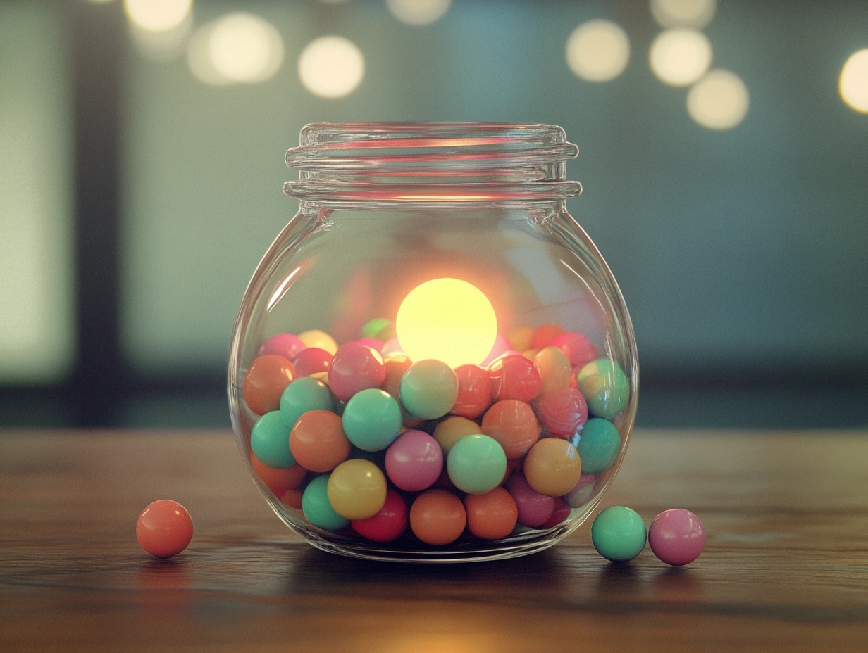 Jar with lots of toy balls inside but one is glowing