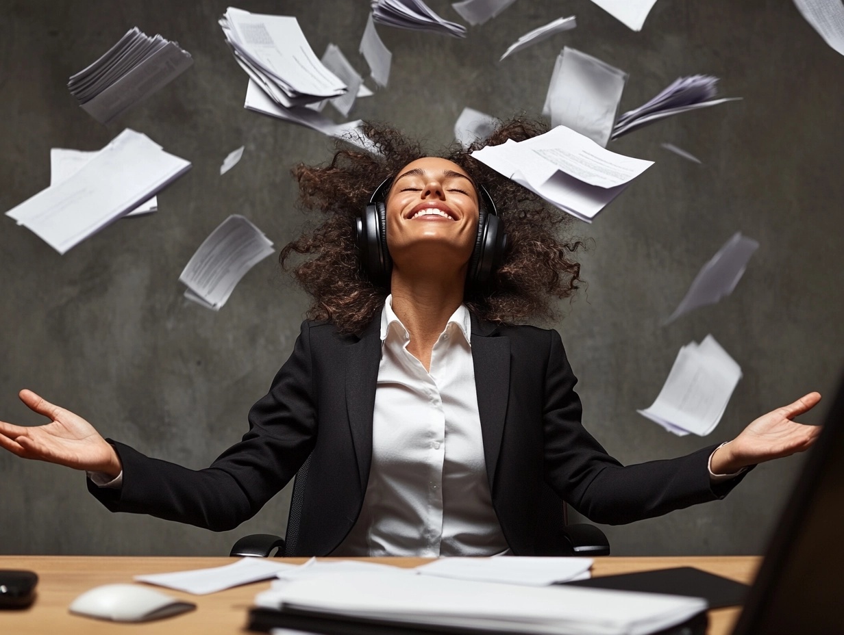 business woman wearing headphones and joyous as paper flows around her