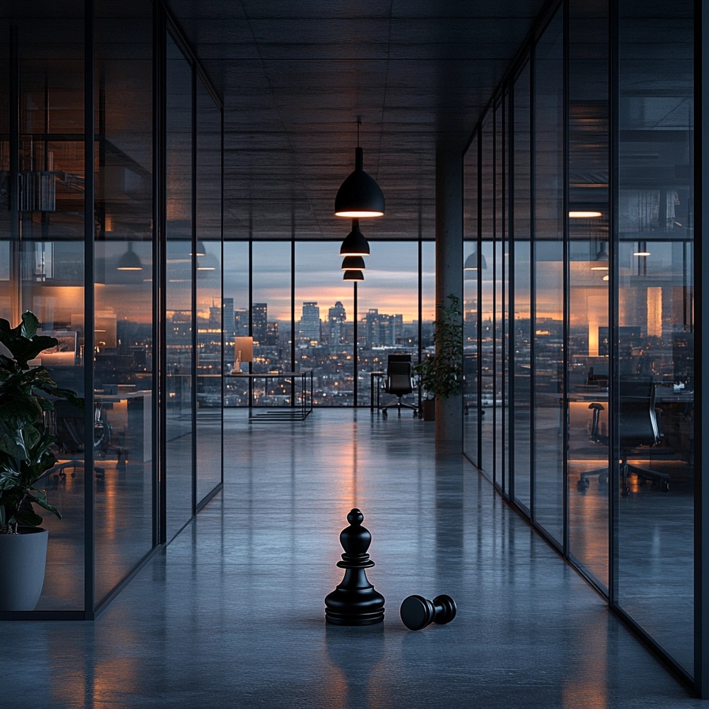 Chess pieces in a modern sleek office