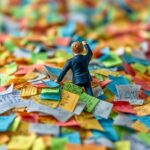Business man fighting through post-it notes