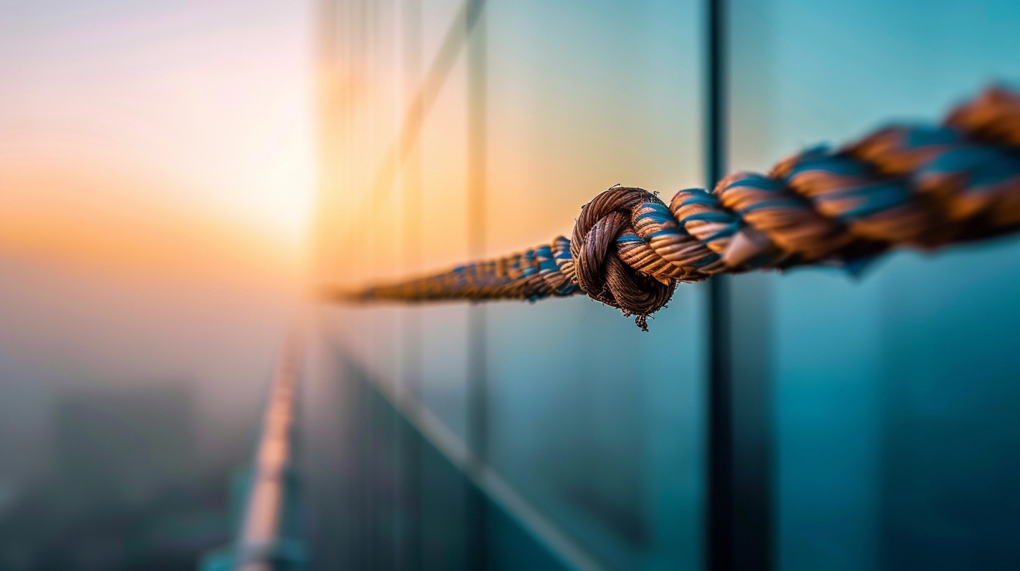 Rope across a corporate building skyline